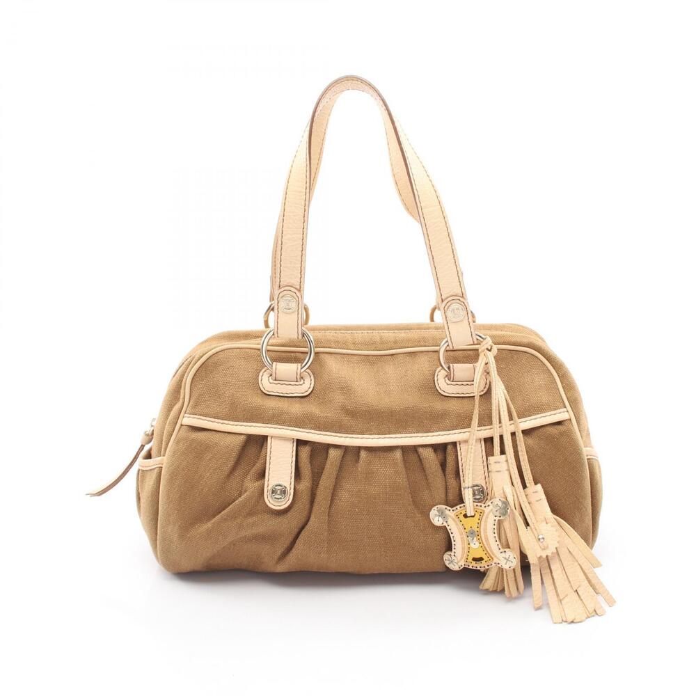 Celine Macadam Tassel Handbag Canvas Leather Beige Brown Cream